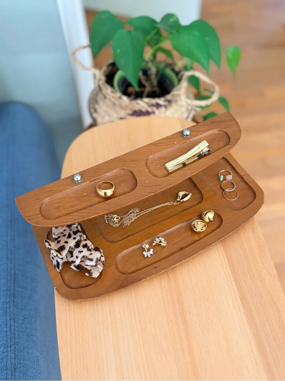 Vintage 1960s MCM Wood Valet Tray | Tiered Dresser Organizer | Dark Wood Catchal
